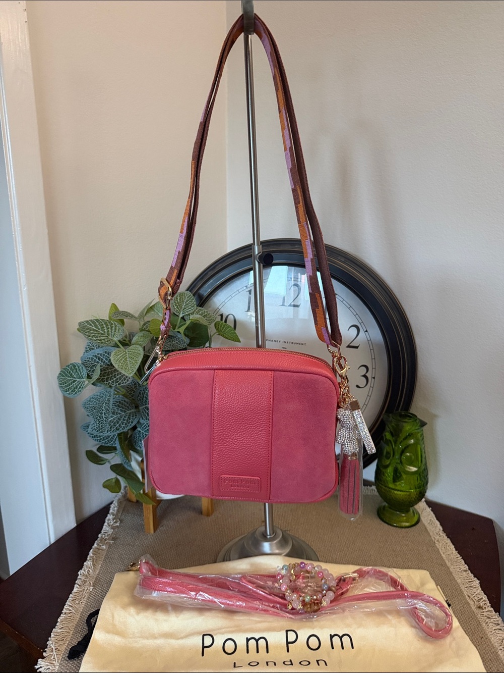 Pom Pom London Pink Suede Crossbody Bag Bundle